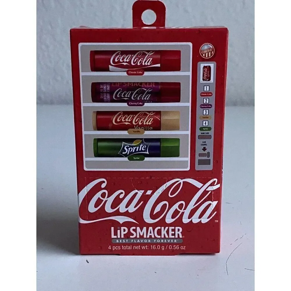 4 Pack Coca Cola Lip Balm Vending Machine Lip Smacker Cherry Vanilla Sprite Coke